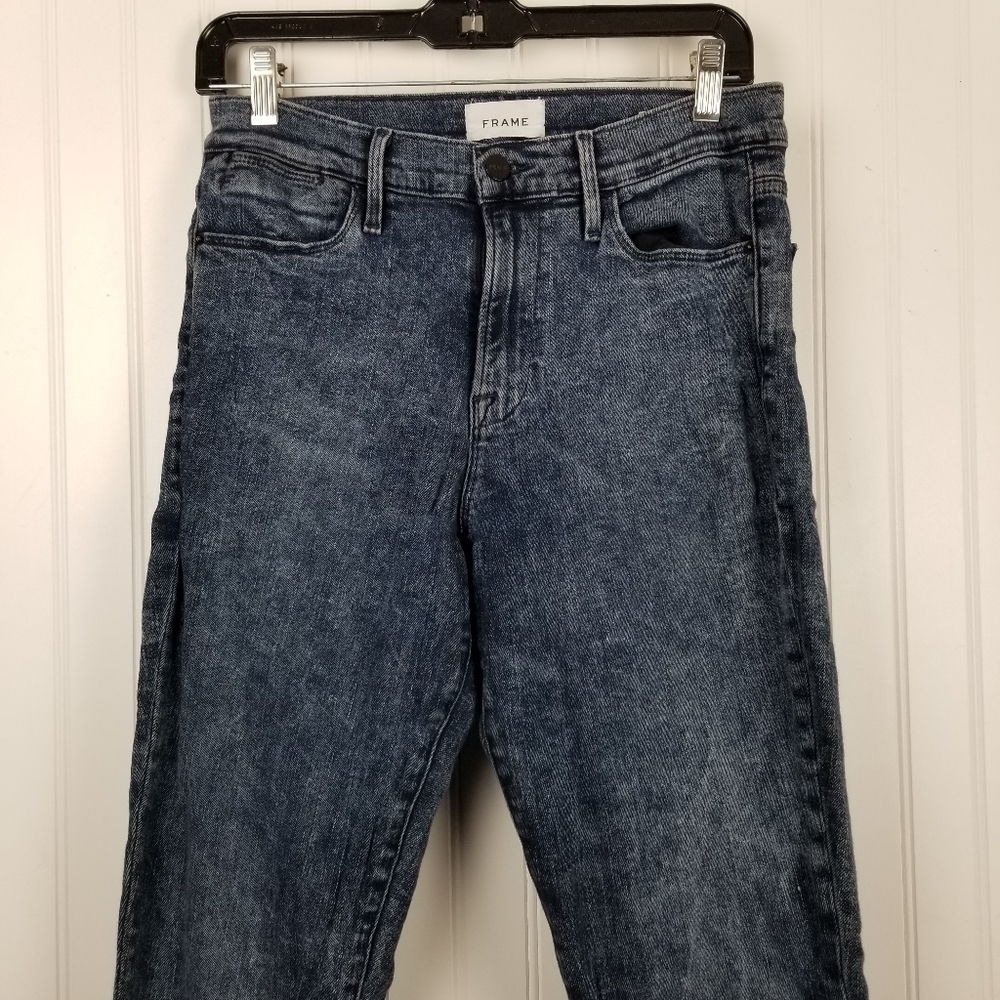 Frame Jeans le High skinny Raw Edge Beat Size 30 Ankle Stretch Cropped Dark Wash - Picture 3 of 12